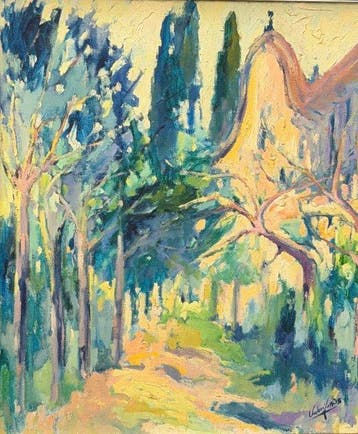 Valeri Farras (1950) - Camino de árboles con iglesia