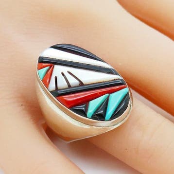 Zilveren ring met mozaïek - Zuni - V.S., Antiek en Kunst