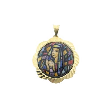 Gouden vintage hanger van Maria en Jezus met gekleurd ema..., Ophalen of Verzenden, Gebruikt, Goud, Overige merken