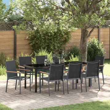 vidaXL Tuin Eettafel Set 9 st Zwart Poedergecoat staal, Verzenden