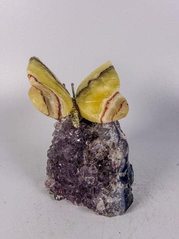 Handgesneden Onyx Vlinder op Amethist Cluster - geen