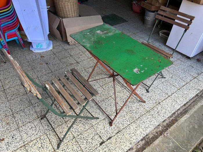 Table dappoint (3) - Fer, Bois - Table Bistrot +2 chaises, Antiquités & Art, Curiosités & Brocante
