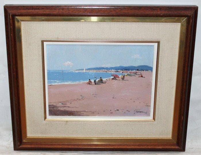 Antoni Mª Sadurni (1927-2014) - Vista de playa con bañistas, Antiek en Kunst, Kunst | Schilderijen | Klassiek