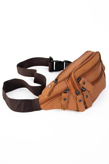 KIMU® Heuptasje Echt Leer Vakjes Camel Bruin Fanny Pack Cara, Ophalen of Verzenden, Nieuw, Bruin