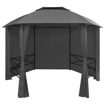 vidaXL Tuinpaviljoen met gordijnen hexagonaal 360x265 cm, Verzenden
