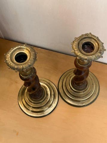 Kandelaar (2) - Hout, Koper - Prachtige Barley twist, Antiek en Kunst