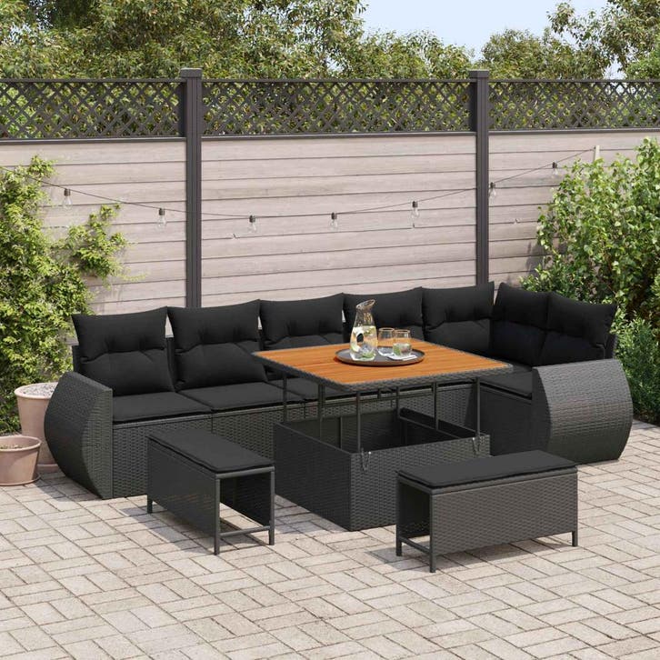 vidaXL Tuinbank Set met kussen met opslag 9 pcs Zwart Poly, Tuin en Terras, Tuinsets en Loungesets, Nieuw, Verzenden