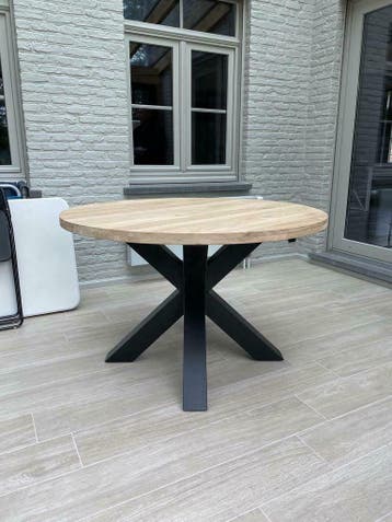 Aerts massief eiken eettafel, rond + spinpoot (A-keuze), Huis en Inrichting, Nieuw, Eikenhout