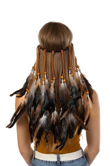 KIMU® Hoofdband Veren Zwart Wit Bruin Ibiza Hippie Indiaan H, Ophalen of Verzenden