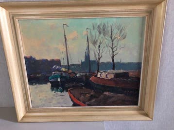 L.Winter(XX) - Havenzicht met boten en bomen