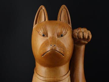 Rare Hida Itto-bori Wood Carving Beckoning Fox (Maneki, Antiek en Kunst