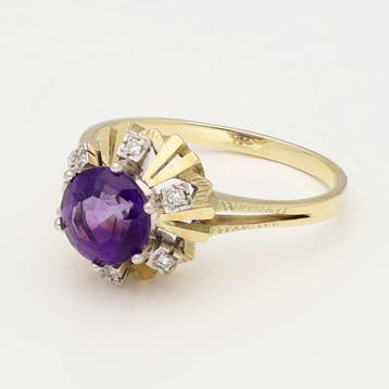 Ring - 14 karaat Geel goud Amethist - Diamant, Nieuw