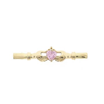 Gouden Claddagh broche met roze zirconia, Handtassen en Accessoires, Broches, Gebruikt, Ophalen of Verzenden, Roze, Met edelsteen