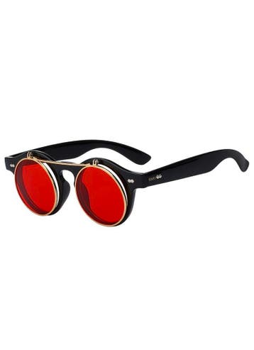 KIMU® Ronde Bril Vintage Flip Up Mat Zwart Montuur Rode Glaz, Ophalen of Verzenden, Nieuw, Rood