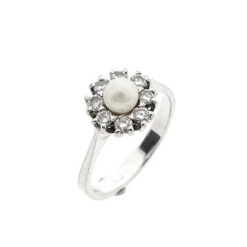 Diamonde witgouden ring met parel en diamanten; 0,16 ct., Handtassen en Accessoires, Ringen, Gebruikt, Ophalen of Verzenden, Kleiner dan 17