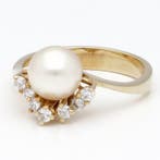 Ring - 14 karaat Geel goud Parel - Diamant, Nieuw
