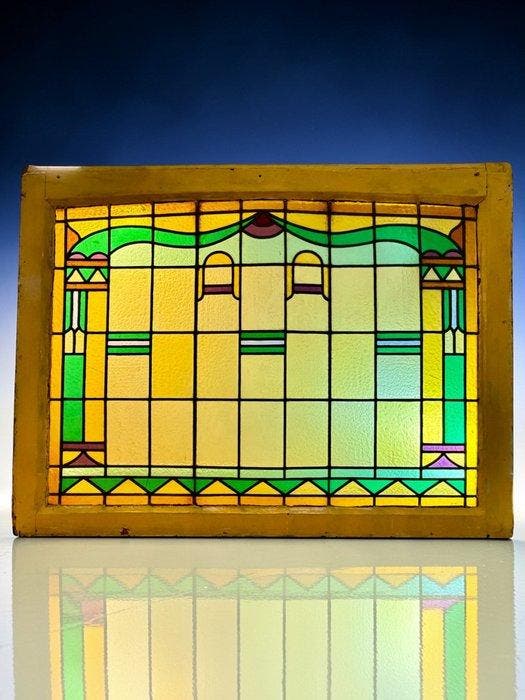 Jugendstil Glas-in-loodraam - 1910-1920 - 89x118 cm / 11 kg, Antiek en Kunst, Curiosa en Brocante