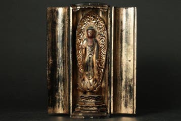 Antique Amitabha Buddha in Black Lacquered Buddhist Altar