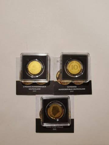 Duitsland. 5, 10 Pfennig, 2 D-Mark 2001, 3 x 1/1000 Oz, Postzegels en Munten