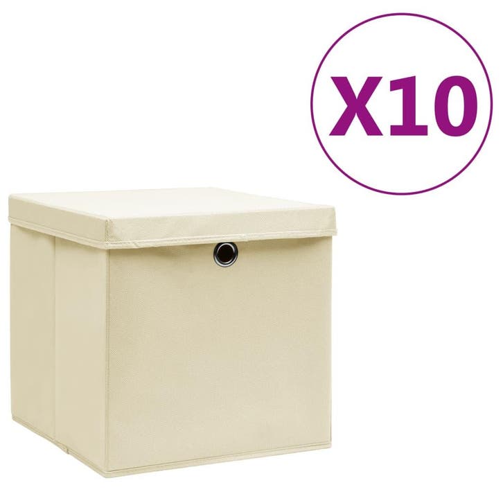 vidaXL Opbergboxen met deksel 10 st 28x28x28 cm crèmekleurig, Bricolage & Construction, Casiers & Boîtes, Envoi