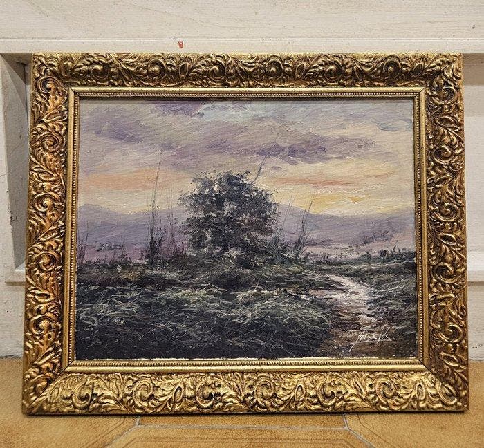Signed Giselle (XX) - Landscape at Dawn, Antiquités & Art, Art | Peinture | Classique