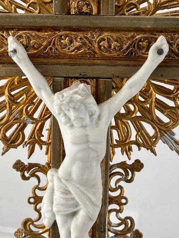 Beeld, Crucifix met Maria - 40 cm - Hout, Metaal, Porselein