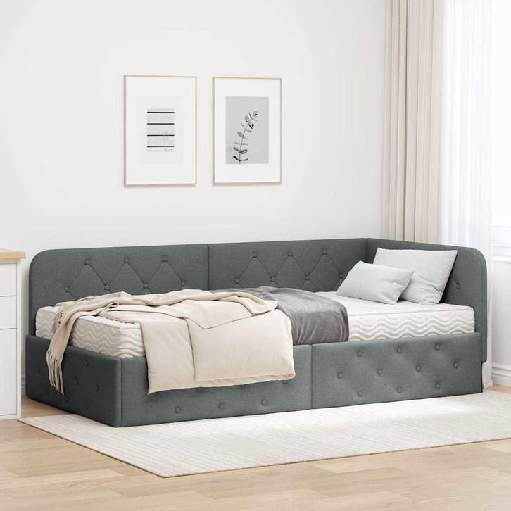 vidaXL Hoek Bed Frame Donkergrijs 100 x 200 cm Stof, Huis en Inrichting, Slaapkamer | Bedden, Nieuw, Verzenden