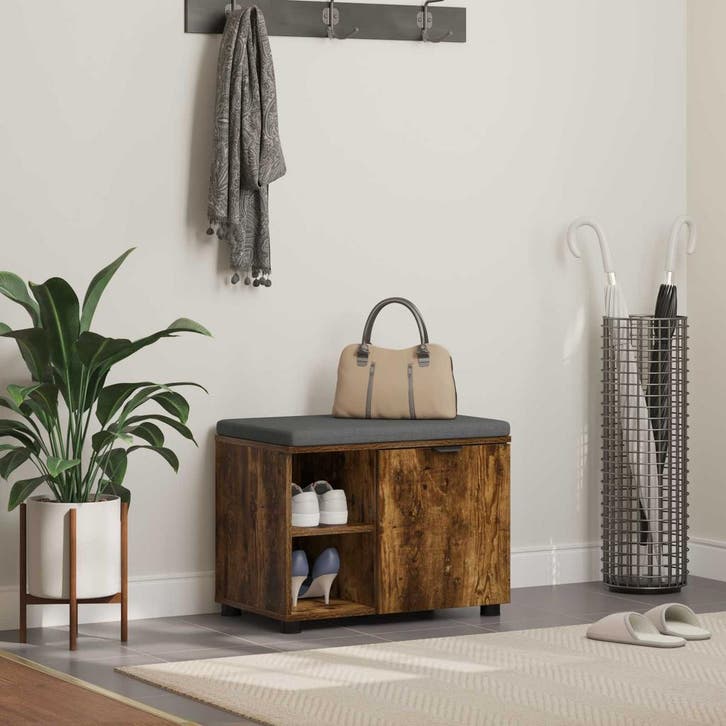 vidaXL Hallenbank met kussen met plank Gerookte Eik 60 x 38, Huis en Inrichting, Overige Huis en Inrichting, Nieuw, Verzenden