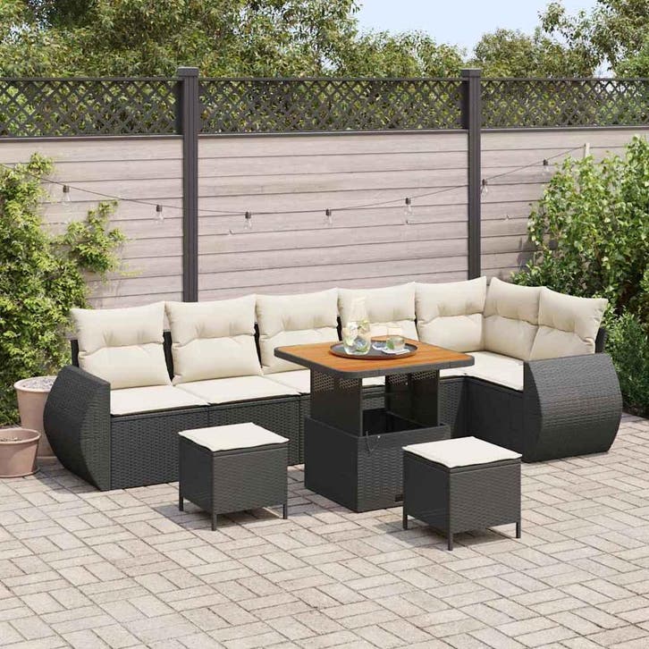 vidaXL Tuinbank Set met kussen 9 pcs Zwart en Crème Poly, Tuin en Terras, Tuinsets en Loungesets, Nieuw, Verzenden