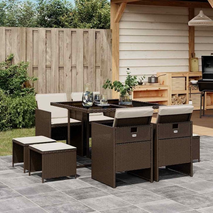 vidaXL 9-delige Tuinset met kussens poly rattan bruin, Tuin en Terras, Tuinsets en Loungesets, Tuinset, Nieuw, Verzenden