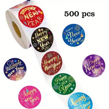 Sluitstickers etiketten happy new year kleurig rond etiket