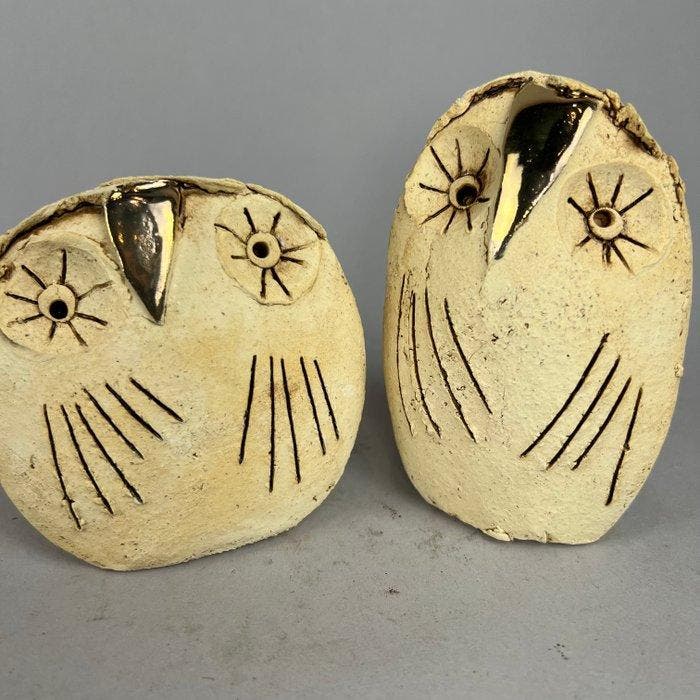 Ewa Budzowska - NO RESERVE- 2 OWLS- (decorated 24 carat, Antiquités & Art, Art | Objets design