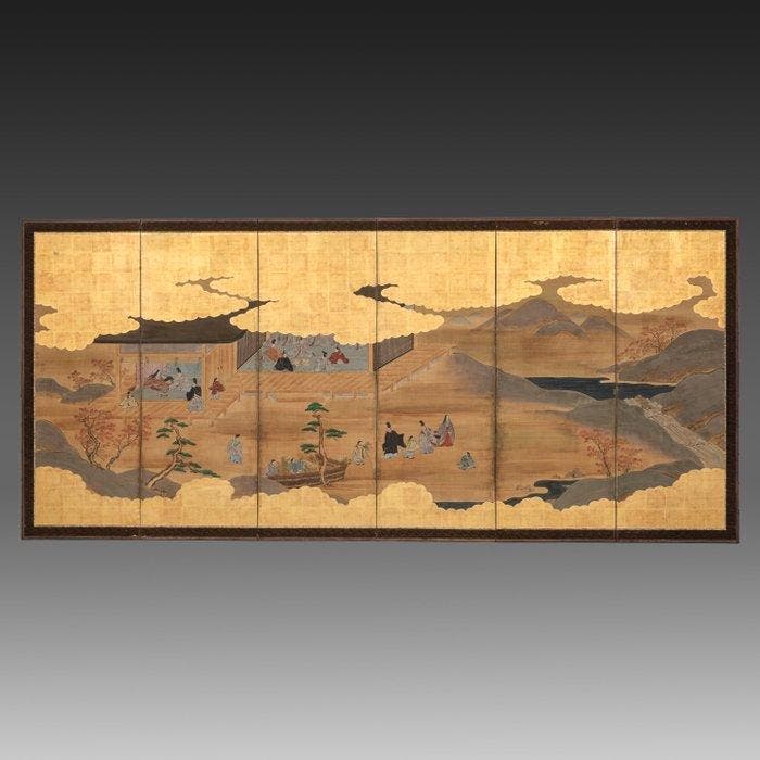 Byôbu  (vouwscherm) - Papier, Zijde, Gelakt hout,, Antiquités & Art, Antiquités | Autres Antiquités