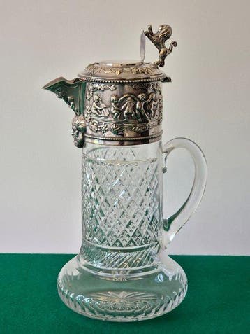 Kruik - Antique Sterling Silver 925 & Cut Crystal Claret Jug