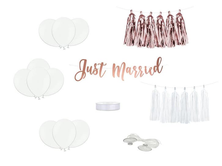 Auto Decoratie Set Bruiloft Just Married, Hobby en Vrije tijd, Feestartikelen, Nieuw, Verzenden