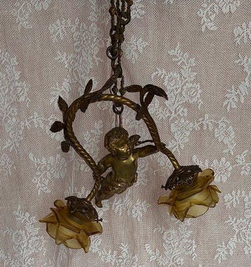Plafondlamp - Verguld messing, Gegoten messing, Gepatineerd, Antiek en Kunst