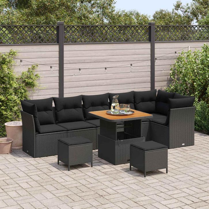 vidaXL Tuinbank Set 9 pcs Zwart Poly riet en gepoedercoat, Tuin en Terras, Tuinsets en Loungesets, Nieuw, Verzenden