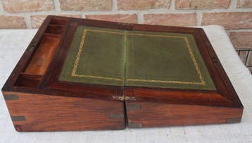 Schrijftafel - Mahonie, Leder, Messing - Antieke, Antiek en Kunst