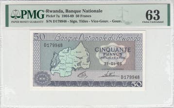 1966 Rwanda 50 Francs Pick 7a Pmg 63, Verzenden, België