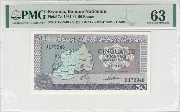 1966 Rwanda 50 Francs Pick 7a Pmg 63, Postzegels en Munten, Bankbiljetten | Europa | Niet-Eurobiljetten, België, Verzenden