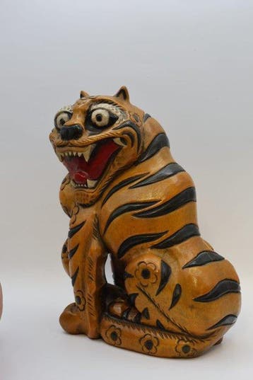 Pair of Korean Minhwa Carved and Painted Wooden Tigers -