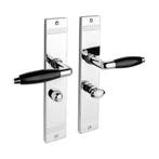 Geveerde deurklink Retro glanzend nikkel op schild met WC..., Ophalen of Verzenden, Klink of Kruk