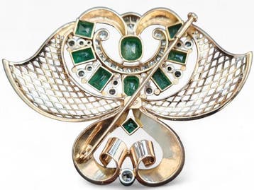Broche - 18 carats Or jaune Émeraude - Diamant