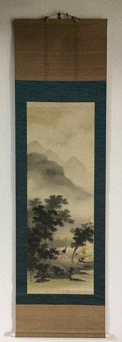 Cormorant fishing in the landscape / Hanging Scroll