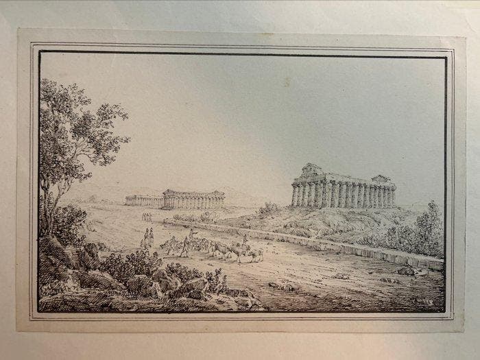 Antonio Senape (1788-1850) - Veduta dei Templi di Paestum, Antiek en Kunst, Kunst | Schilderijen | Klassiek