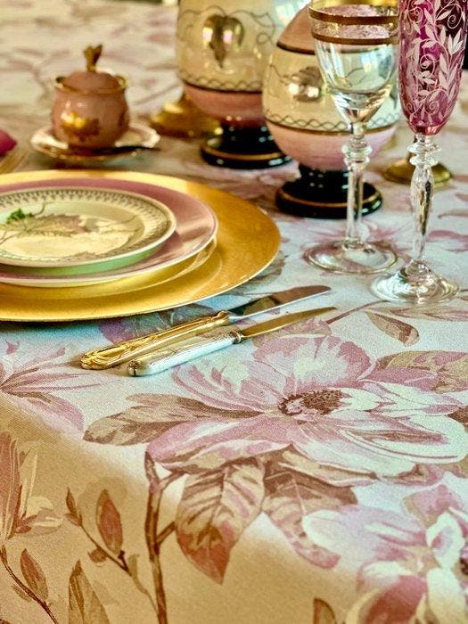 Roze magnoliaprint tafelkleed voor grote tafels. -, Antiek en Kunst, Curiosa en Brocante