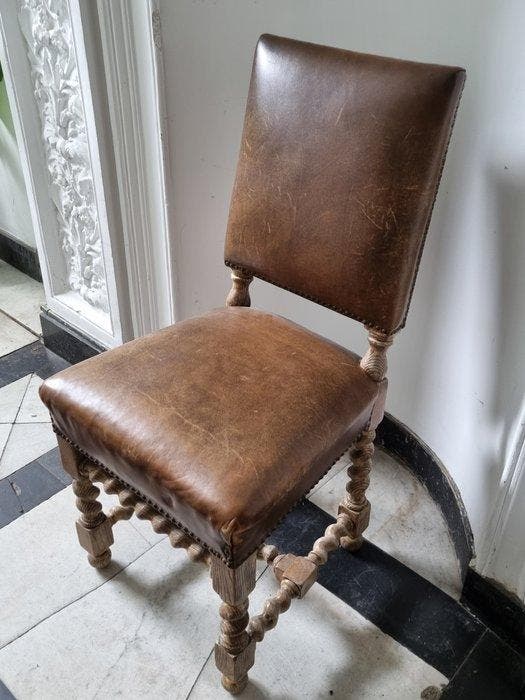 Polsterstuhl – Barock-Stil Stuhl – Holz mit Lederbezug und, Antiquités & Art, Curiosités & Brocante