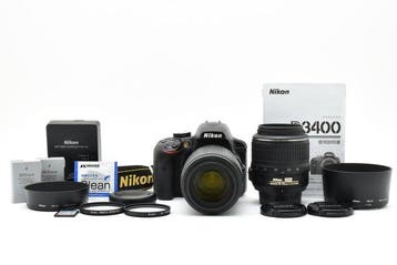 Nikon D3400 + 3.5-5.6/18-55mm G VR + 4-5.6/55-200mm G VR, Audio, Tv en Foto, Nieuw
