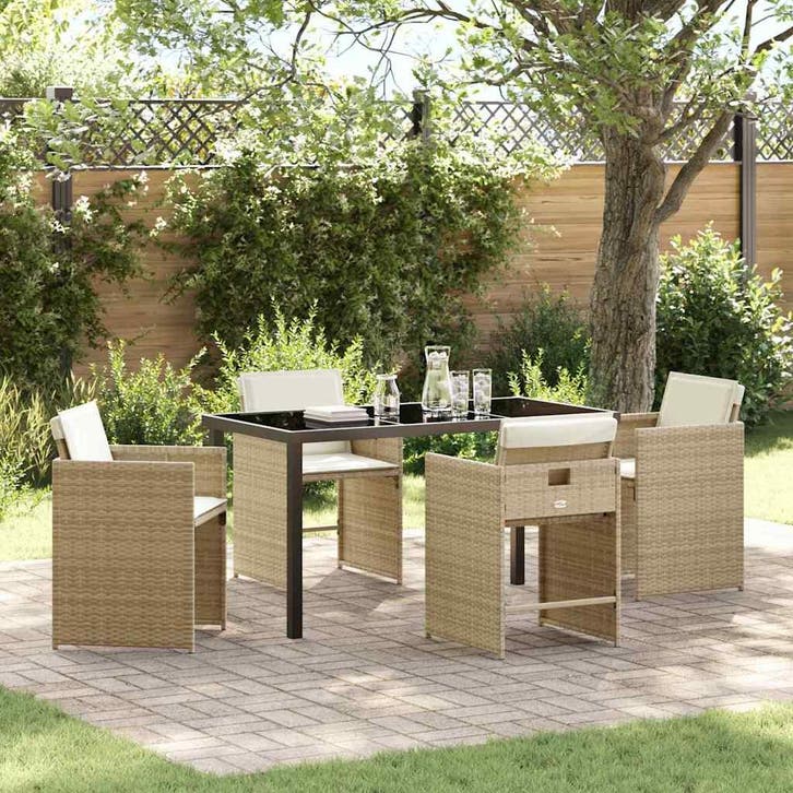 vidaXL Tuin Eettafel Set met kussen 5 pcs Beige poly rattan, Tuin en Terras, Tuinsets en Loungesets, Nieuw, Verzenden
