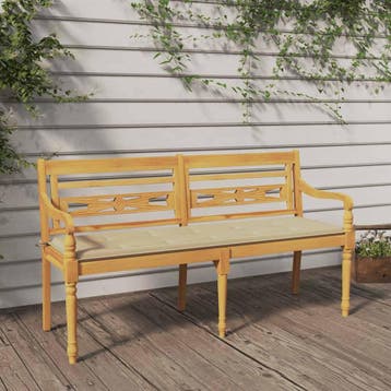 vidaXL Bankje Batavia met beige kussen 150 cm massief, Tuin en Terras, Verzenden, Nieuw